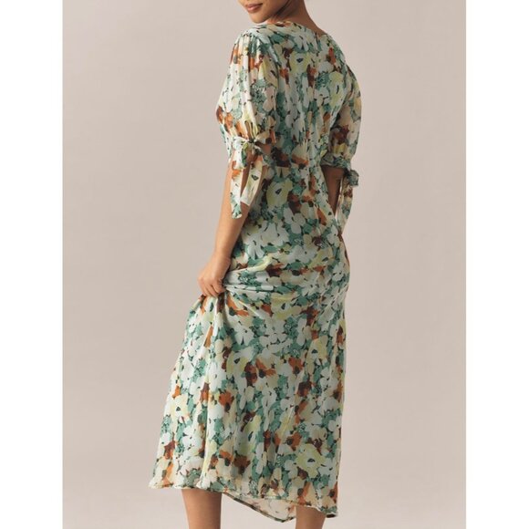 Anthropologie Short-Sleeve Floral V-Neck Slip Midi Dress Size 1X Green - Picture 2 of 7